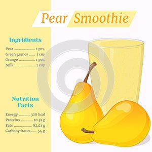 Pear smoothie recipe. Menu element for cafe or restaurant with ingridients and nutrition facts in cartoon style. For