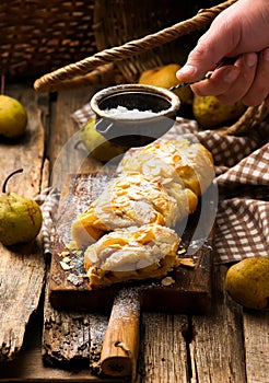 Pear strudel .selective focus.