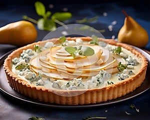 Pear tart. Home made pear and blue cheese pie with half poached pear slices. Tasty gourmet dish, healthy eating concept. Round