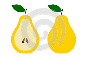 Pear yellow. Cartoon flat style. Isolated on a white background. Vector illustration. Sliced fruit with seeds.