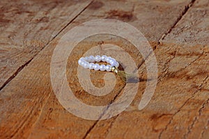 Pearl prayed on a wooden background.