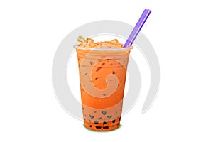 Pearl Bubble milk tea with ice in plastic cup isolated on white