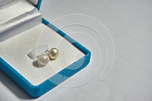 Pearl earring in the blue velvet jewelry box.