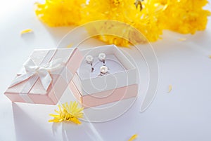 Set of pearl jewellery in the gift box with flowers