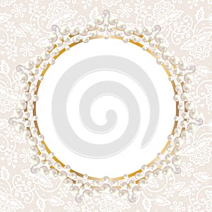 Pearl frame on white lace background