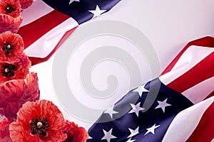 Pearl Harbor National Remembrance day banner template with united states flag, red poppies, and copy space. photo