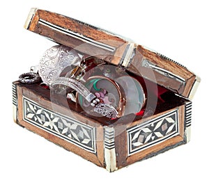 Pearl inlay wooden chest with jewels