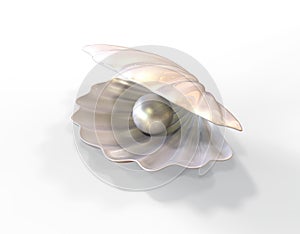 Pearl inside seashell. 3d illustration on white backgro