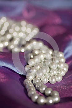 Pearl jewelry on a beautiful lilac airy fabric