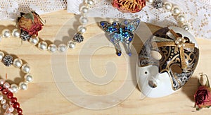 Pearl Jewelry With Butterly Broach, Lace and dried Flowers