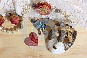 Pearl Jewelry With Butterly Broach, Lace and dried Flowers