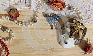 Pearl Jewelry With Butterly Broach, Lace and dried Flowers