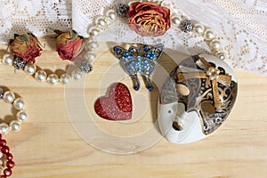 Pearl Jewelry With Butterly Broach, Lace and dried Flowers