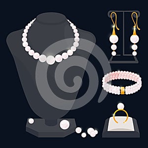 Pearl jewerly vector collection - necklace, earrings, ring and bracelet