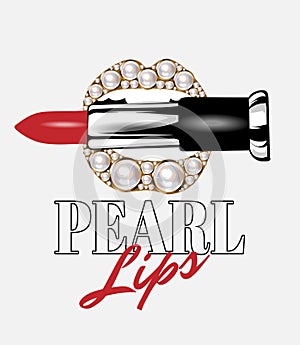 Pearl lips. Vector hand drawn illustration of mouth biting red pomade isolated.