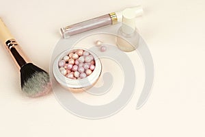 Pearl make up powder and brush for powder, Nail polish and lip gloss