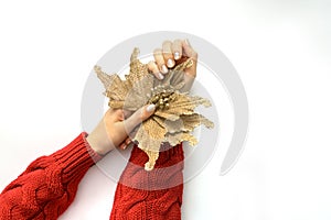 Pearl manicure with flower. Christmas concept.