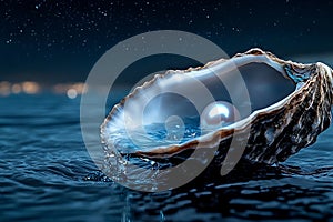 A pearl in an open oyster shell on the water