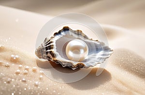 White pearl in an oyster shell on white sand, natural light. Concept jewelry, ocean treasures, gemstones, beauty care photo