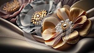 Pearl ornament satin broach. Luxury diamond jewelry closeup flowers.