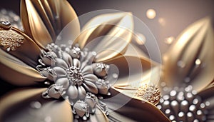 Pearl ornament satin broach. Luxury diamond jewelry closeup flowers.