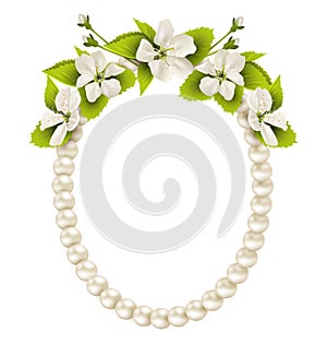 Pearl oval like frame with cherry flowers isolated on white