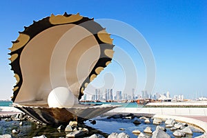 Pearl and oyster fountain in corniche - Doha Qatar photo