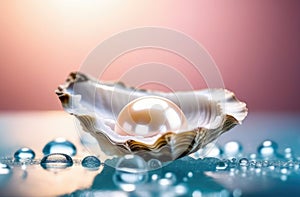 White pearl in oyster shell on a mirrored, sparkling shiny blue surface, sparkling water droplets. Jewelry, ocean photo