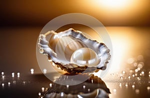 White pearl in oyster shell on a mirrored, sparkling shiny gold surface, sparkling water droplets. Jewelry, ocean photo