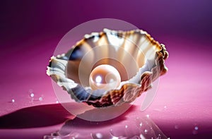 White pearl in oyster shell on a mirrored, sparkling shiny pink surface, sparkling water droplets. Jewelry, ocean photo