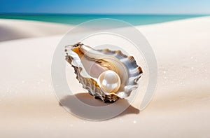 White pearl in an oyster shell on white sand by the ocean, natural light. Concept jewelry, ocean treasures, gemstones photo