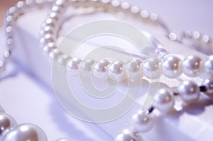 Pearl. Pearl necklace. A snow-white pearl necklace. Jewelry for girls. Jewelry for women. Women`s pearl necklace.