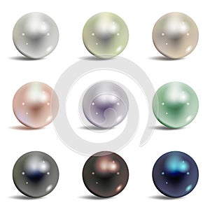 Pearl realistic set on white background.Precious pearl in sphere form. Pearl is luxury glossy stone