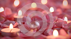 pearl rests on pink satin rose petals, bathed in the soft glow of candles background photo