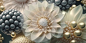 Pearl and satin flower jewelry and broaches. Digital Art. Shimmer and shine. Luxury Gems and Jewels. Background Wallpaper.
