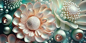 Pearl and satin flower jewelry and broaches. Digital Art. Shimmer and shine. Luxury Gems and Jewels. Background Wallpaper.