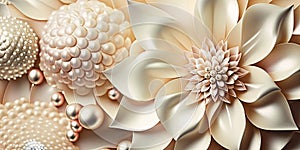 Pearl and satin flower jewelry and broaches. Digital Art. Shimmer and shine. Luxury Gems and Jewels. Background Wallpaper.