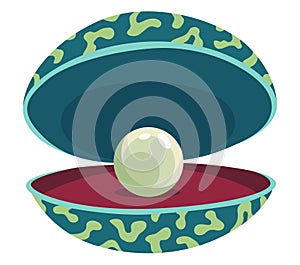 Pearl in seashell. Open seashels scallop and pearl shell icon. Beautiful pearl in clam shell in cartoon flat style