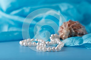 Pearl and Shell, Paua shell and pearl ornaments on blue drapery