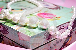 Pearl. Snow white pearl. Beads are made of pearls. Jewelery of pearls