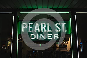 Pearl Street Diner vintage neon sign at night, Albany, New York