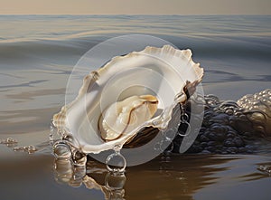 A pearl is stuck in an open oyster, in the style of feminine sensibilities