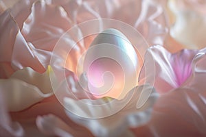 A pearl-white Easter egg emitting a soft, pearly luminescence, nestled in a bed of silky, pastel petals