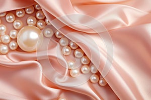 Pearls background. Pile of white natural pearls on pink silk closeup. Pearl on smooth elegant silky fabric texture