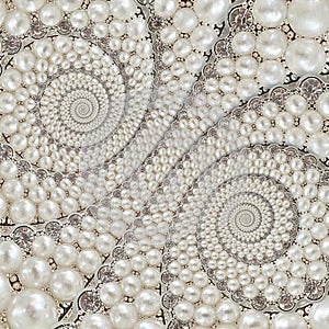 Pearls and diamonds jewels abstract spiral background pattern fractal. Pearls background, repetitive pattern. Abstract pearl backg
