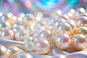 Pearls on silk, iridescent, bokeh background, luxury
