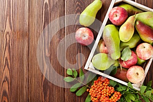 Pears and apples in wooden box