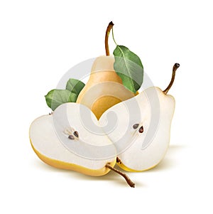 Pears bartlett whole and split on white photo