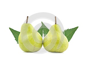 pears fruit and green leaf an isolated on white background.