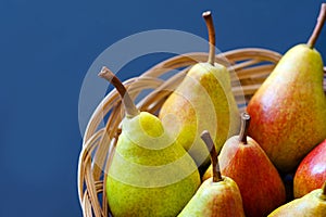 Pears. Pears harvest. Fruit background. Fresh organic pears in the basket. Pear autumn harvest. Juicy flavorful pears of